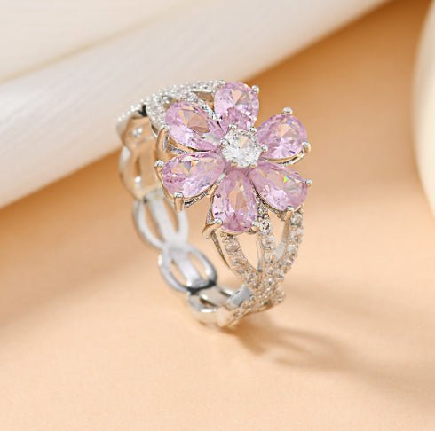 Copper - inlaid Cherry - blossom - pink Water - drop Zircon Flower Ring - Glownique Beauty