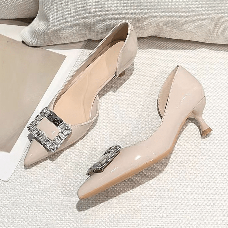2026 Luxury French Rhinestone Square Buckle Pumps, Women's Elegant Versatile Pointed Toe Closed Toe Heels - Glownique Beauty