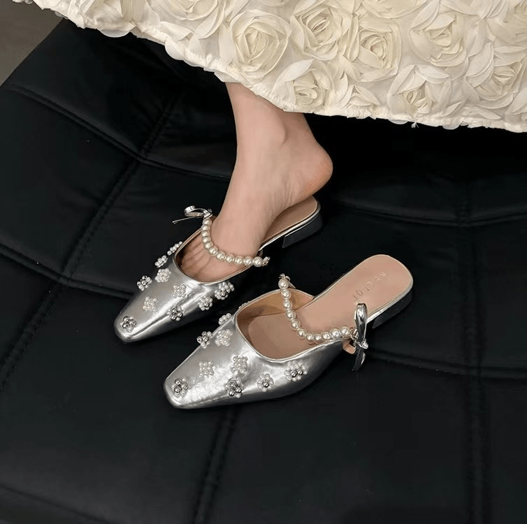 2026 New Arrival Elegant Lady Style Pearl Low Heel Mules, Fashion Women's Sandals - Glownique Beauty