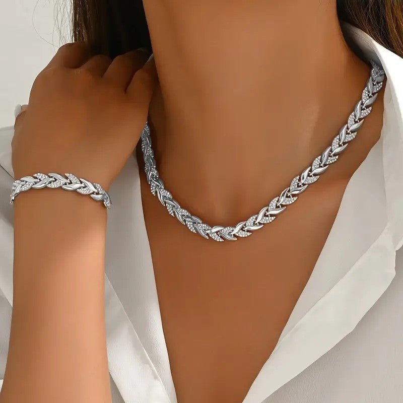 2PCS Glass Leaf Necklace Set Elegant Rhinestone Chain Necklace Bracelet For Women Fashion Luxury Jewelry Set - Glownique Beauty