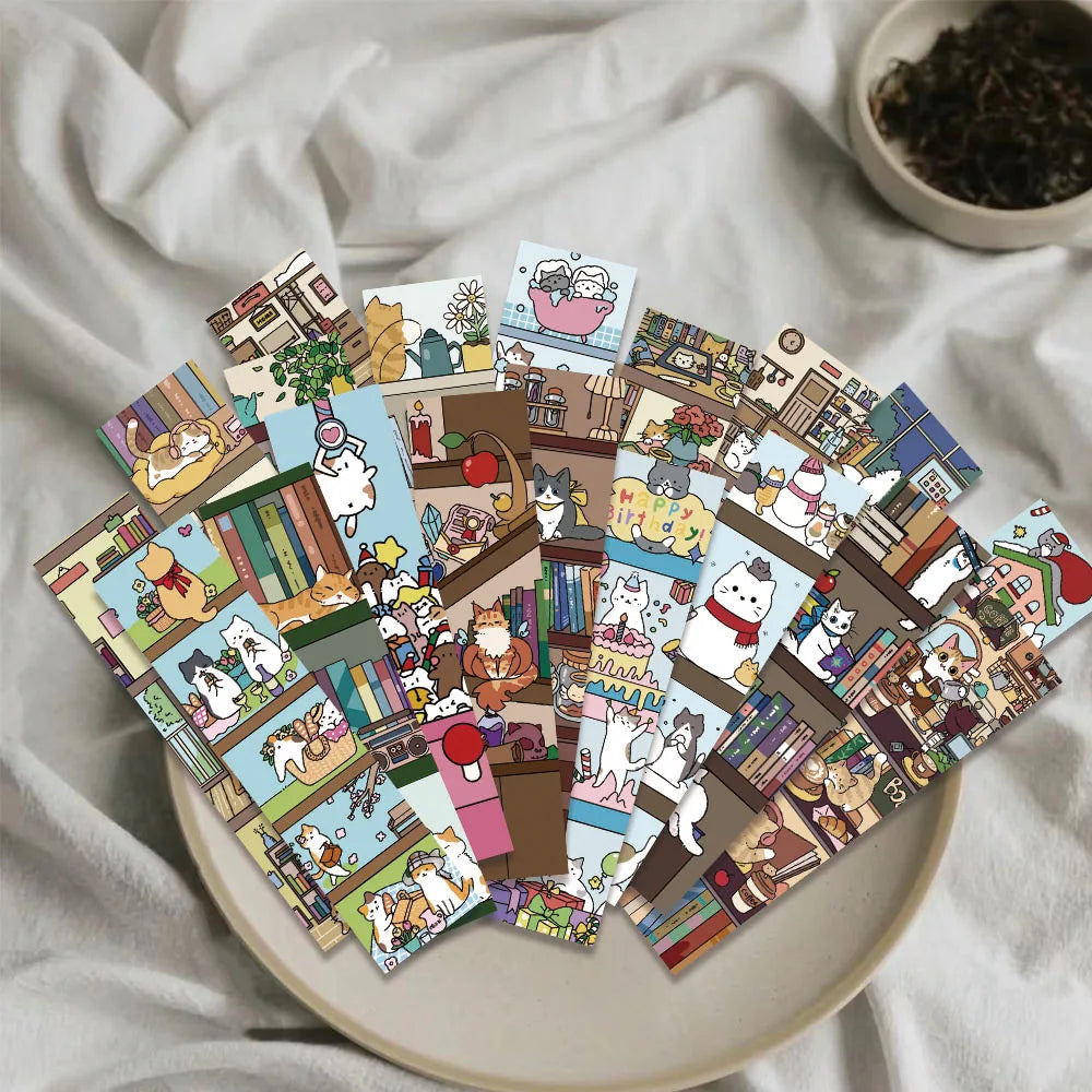 30PCS Cat and Bookshelf Creative Personalized Bookmarks Handheld Art Creative Materials Reading Paper Bookmarks DIY Bookmarks