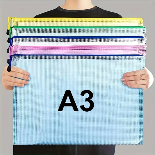 5pcs PVC Colorful A3 Zippered File Storage Bags | Durable, Modern Document Organizer Pouches for School & Office | Paper Storage