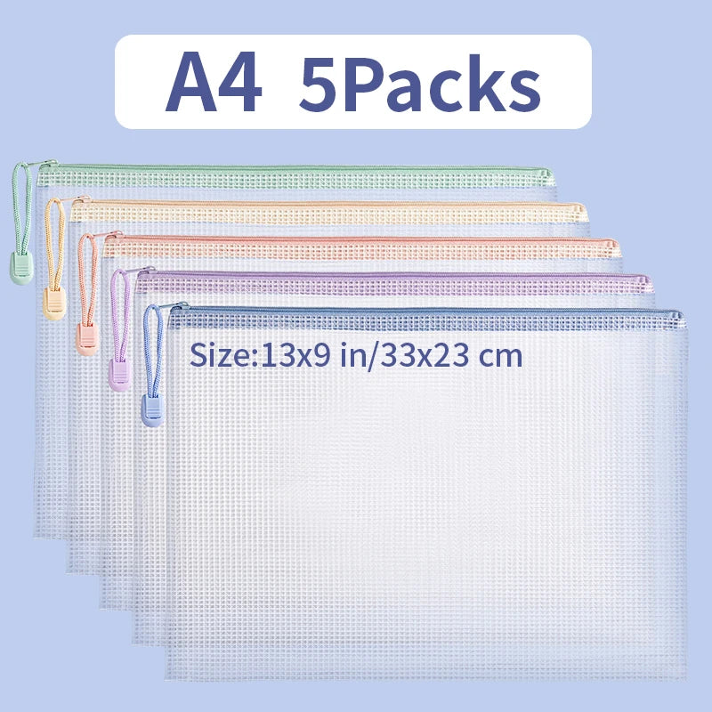 5/10/20/30pcs Mesh A4/A5 Size Zipper Pouch Document Mesh Bag 5 Color Choices Waterproof Folder Supplies Pencil Case Storage Bags