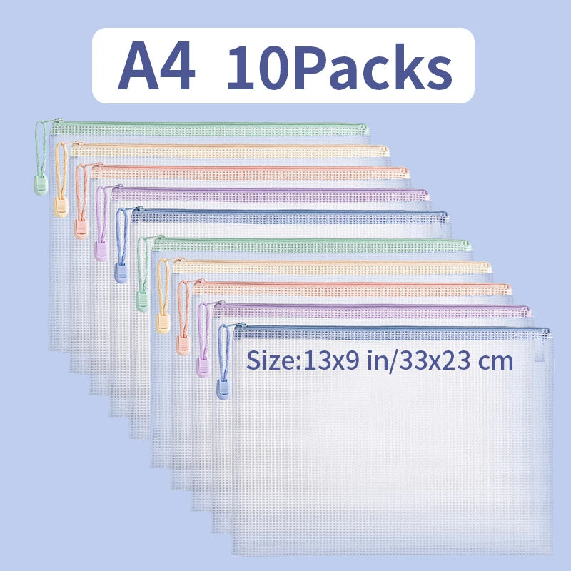 5/10/20/30pcs Mesh A4/A5 Size Zipper Pouch Document Mesh Bag 5 Color Choices Waterproof Folder Supplies Pencil Case Storage Bags