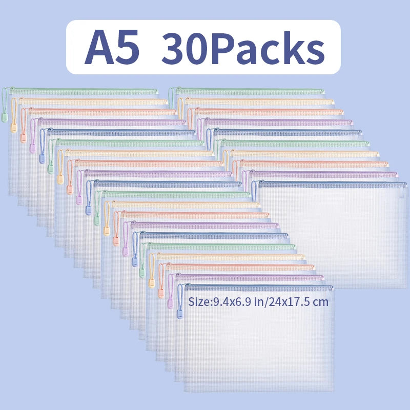 5/10/20/30pcs Mesh A4/A5 Size Zipper Pouch Document Mesh Bag 5 Color Choices Waterproof Folder Supplies Pencil Case Storage Bags