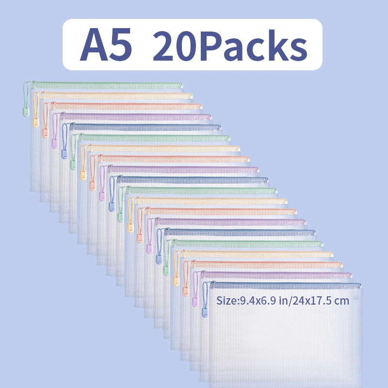 5/10/20/30pcs Mesh A4/A5 Size Zipper Pouch Document Mesh Bag 5 Color Choices Waterproof Folder Supplies Pencil Case Storage Bags