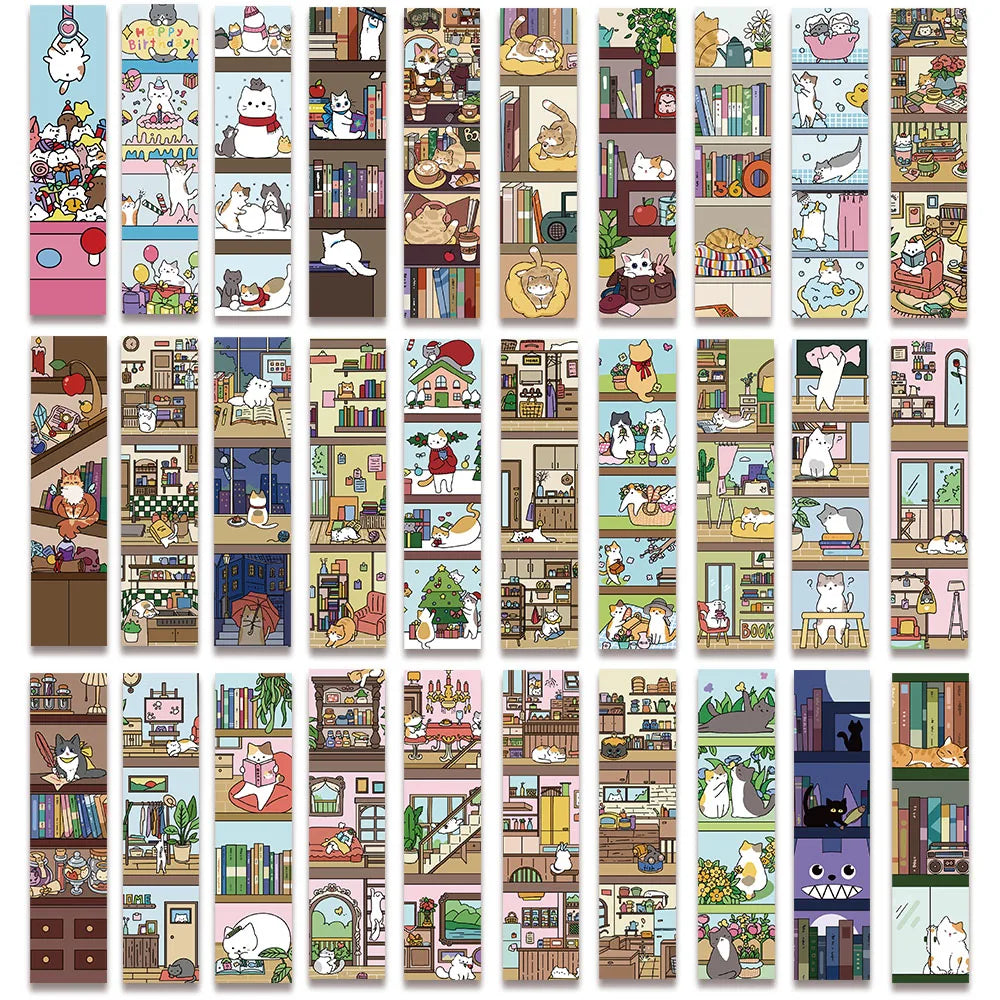 30PCS Cat and Bookshelf Creative Personalized Bookmarks Handheld Art Creative Materials Reading Paper Bookmarks DIY Bookmarks