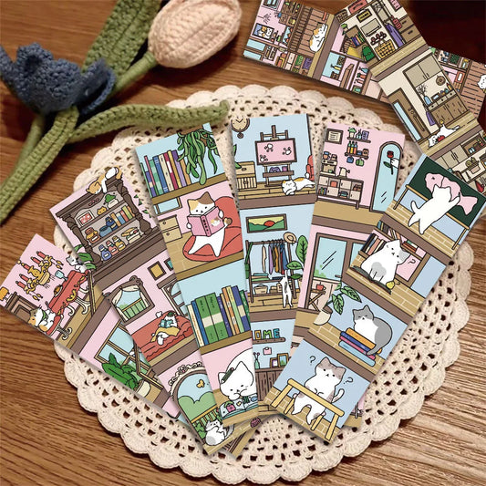 30PCS Cat and Bookshelf Creative Personalized Bookmarks Handheld Art Creative Materials Reading Paper Bookmarks DIY Bookmarks