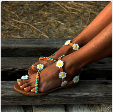 European And American-style Floral Rhinestone Flat Sandals For Women