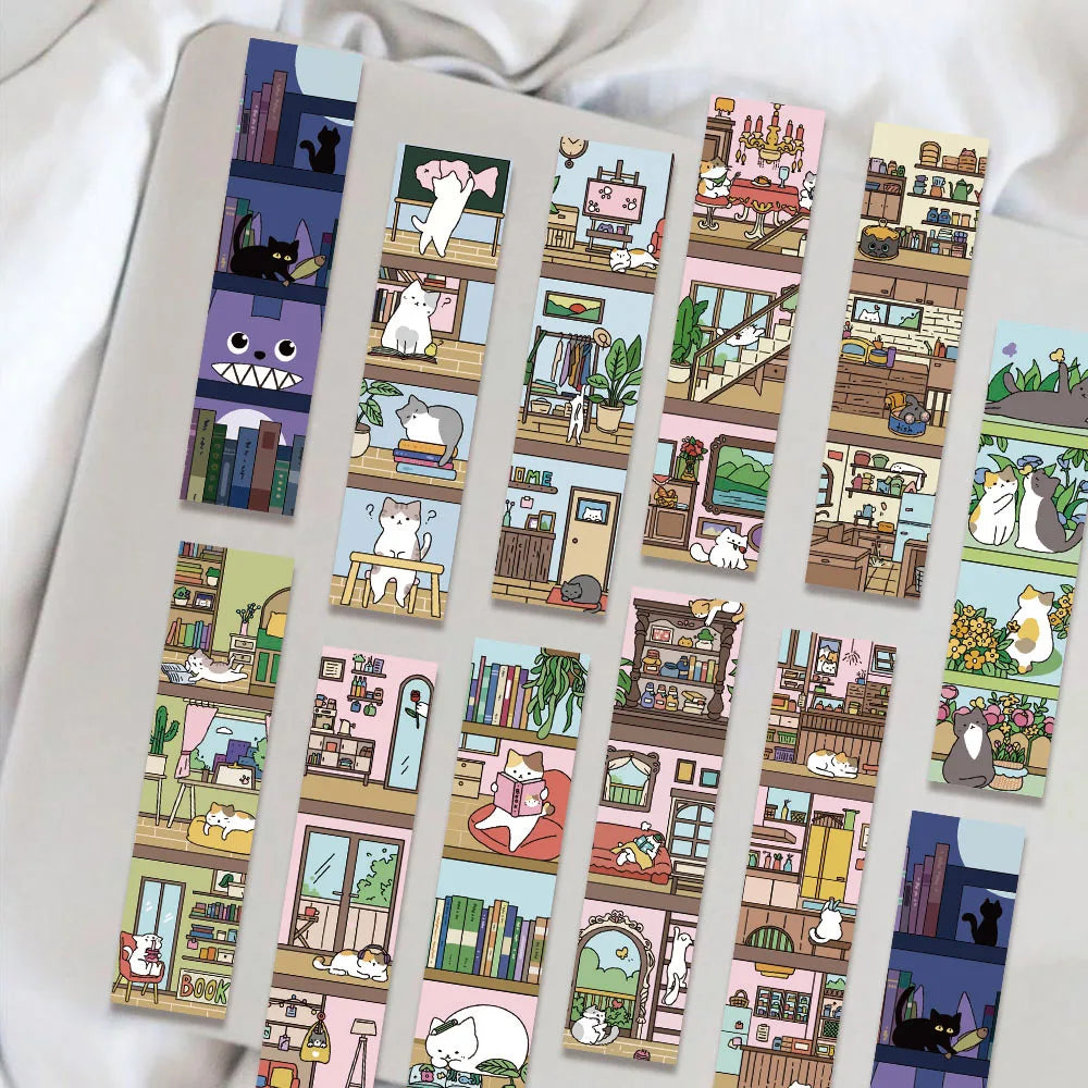 30PCS Cat and Bookshelf Creative Personalized Bookmarks Handheld Art Creative Materials Reading Paper Bookmarks DIY Bookmarks