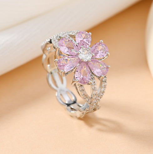 Copper - inlaid Cherry - blossom - pink Water - drop Zircon Flower Ring - Glownique Beauty