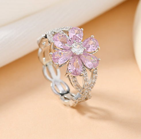 Copper - inlaid Cherry - blossom - pink Water - drop Zircon Flower Ring - Glownique Beauty