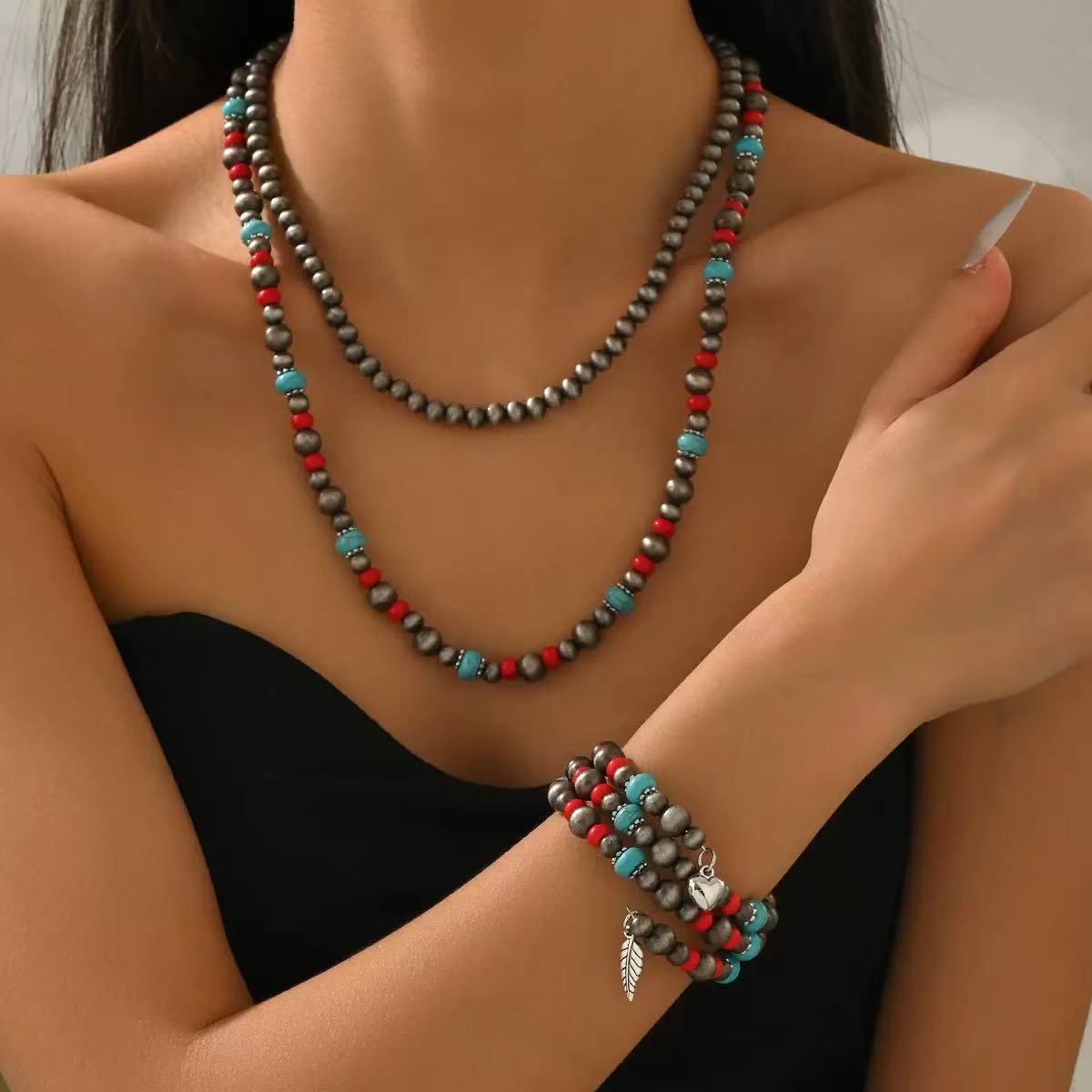 Cross - border New Earrings And Necklace 2 - piece Set Fashion Turquoise Beaded Earrings And Necklace - Glownique Beauty