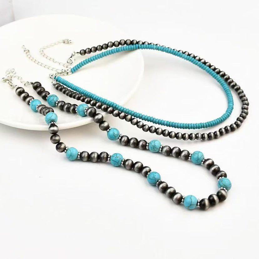 Cross - border New Earrings And Necklace 2 - piece Set Fashion Turquoise Beaded Earrings And Necklace - Glownique Beauty