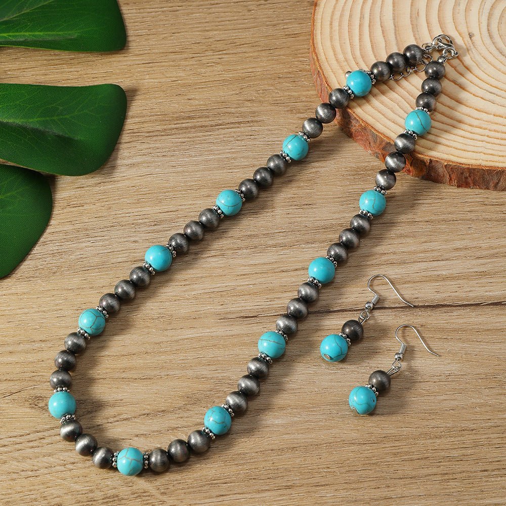 Cross - border New Earrings And Necklace 2 - piece Set Fashion Turquoise Beaded Earrings And Necklace - Glownique Beauty