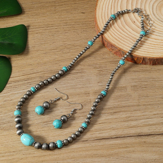 Cross - border New Earrings And Necklace 2 - piece Set Fashion Turquoise Beaded Earrings And Necklace - Glownique Beauty