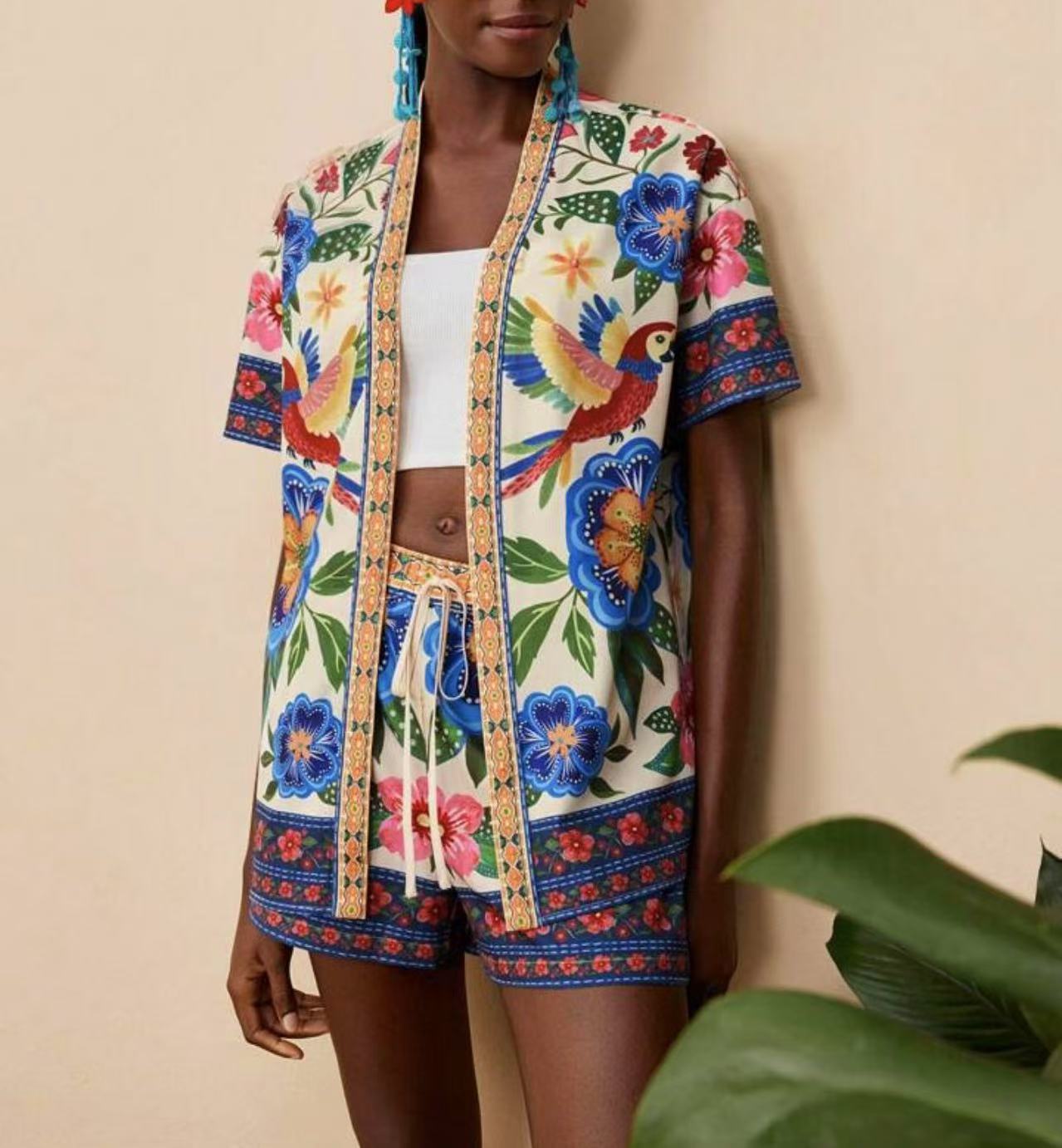 Fashion Casual Printing Cardigan Short Sleeve Shorts Suit - Glownique Beauty