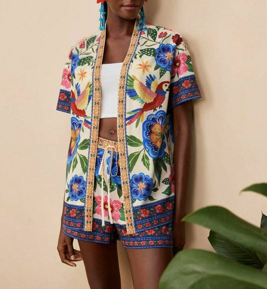 Fashion Casual Printing Cardigan Short Sleeve Shorts Suit - Glownique Beauty