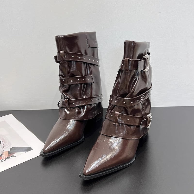 High - heeled Elegant Shaft - style Studded Belt - buckle Fashion Ankle Boots - Glownique Beauty