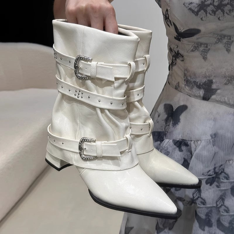 High - heeled Elegant Shaft - style Studded Belt - buckle Fashion Ankle Boots - Glownique Beauty