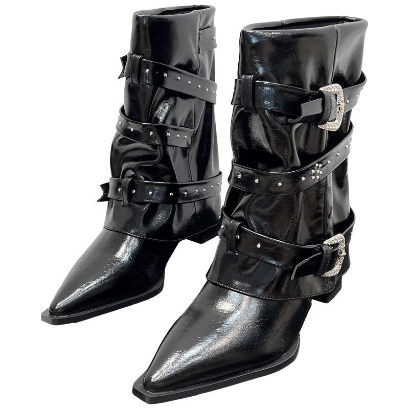 High - heeled Elegant Shaft - style Studded Belt - buckle Fashion Ankle Boots - Glownique Beauty