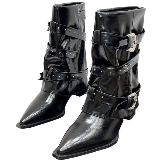 High - heeled Elegant Shaft - style Studded Belt - buckle Fashion Ankle Boots - Glownique Beauty