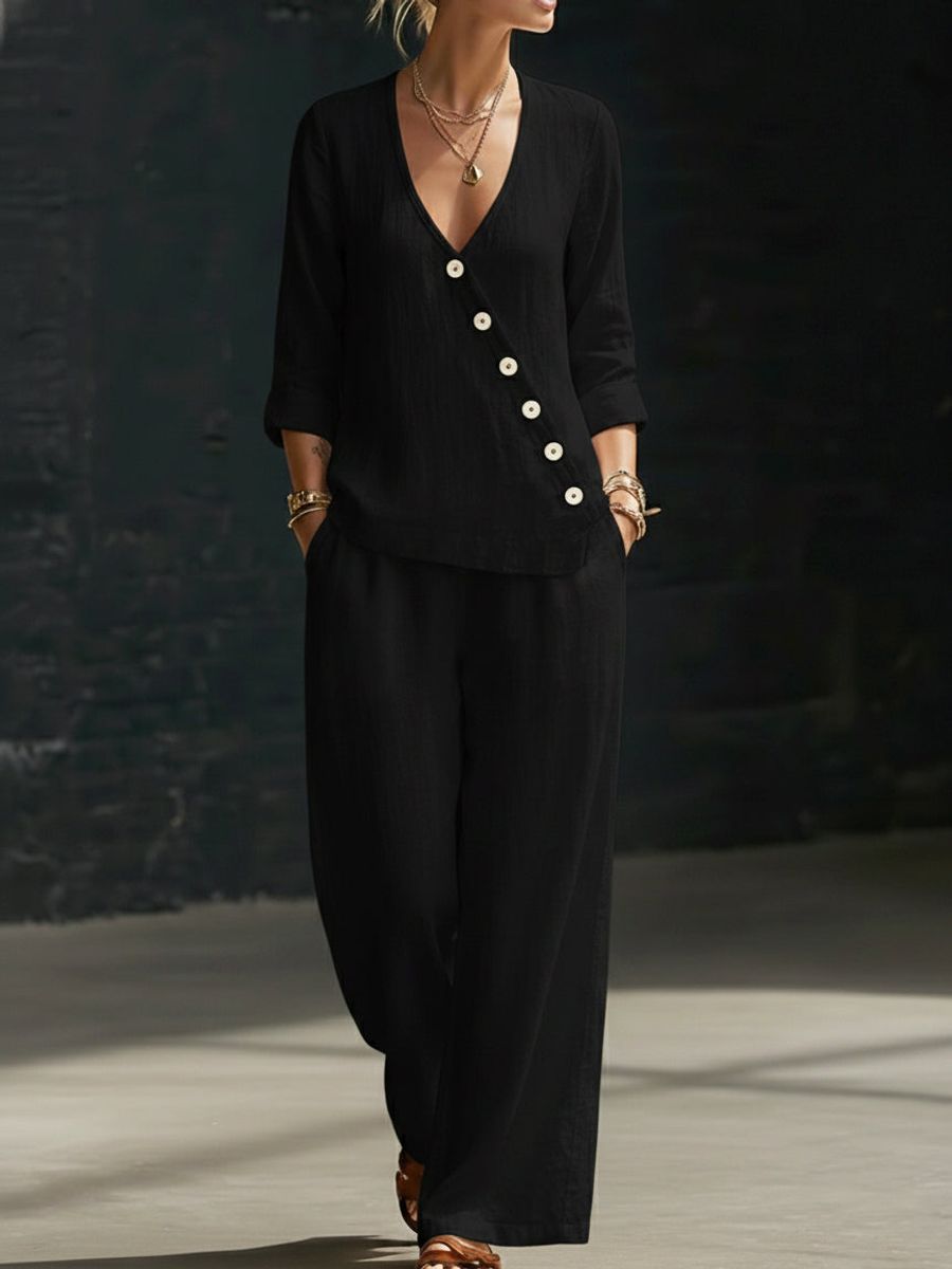 Loose - fitting V - neck Cross - over Shirt And Wide - leg Pants - Glownique Beauty