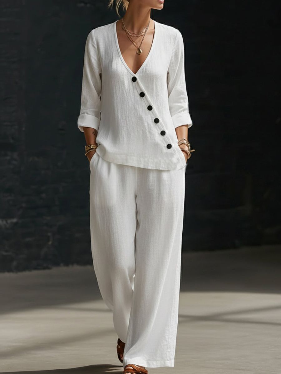 Loose - fitting V - neck Cross - over Shirt And Wide - leg Pants - Glownique Beauty
