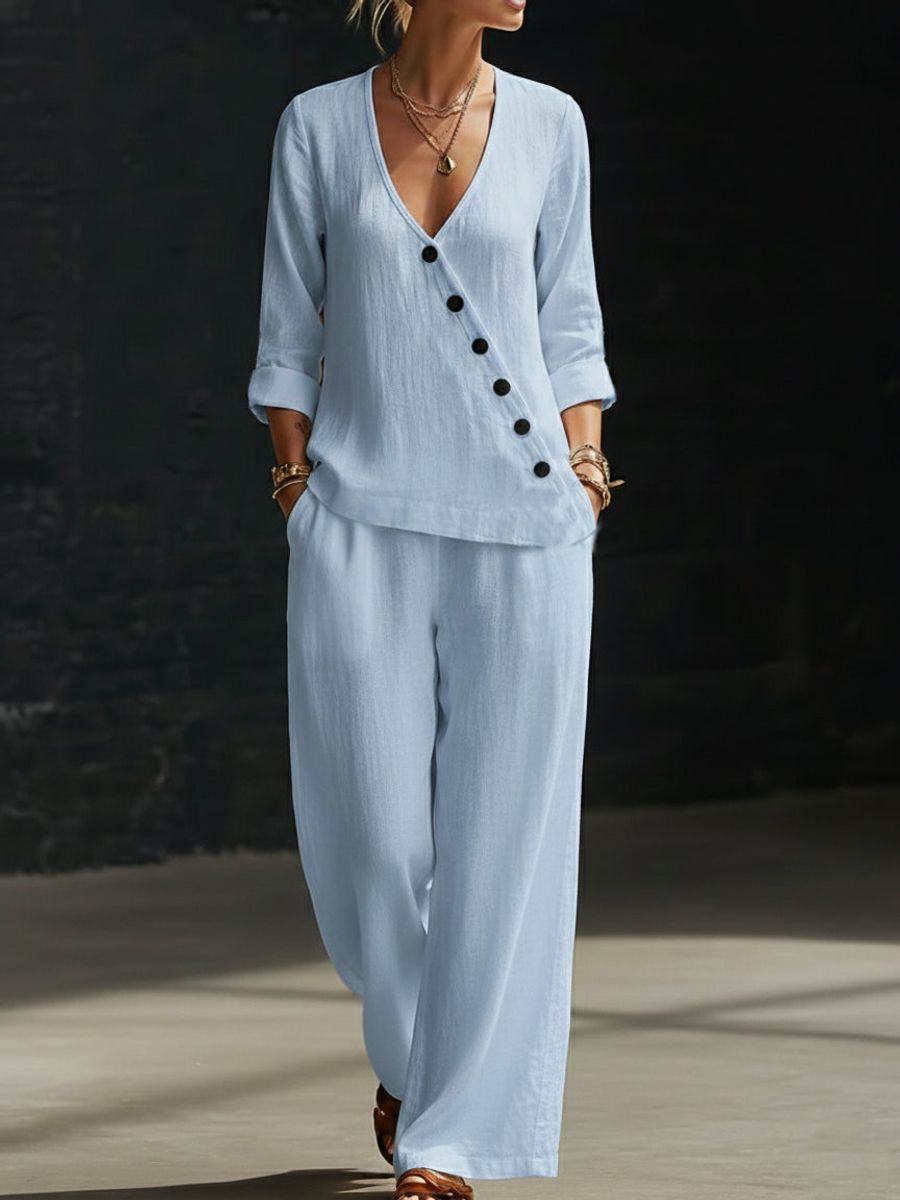 Loose - fitting V - neck Cross - over Shirt And Wide - leg Pants - Glownique Beauty