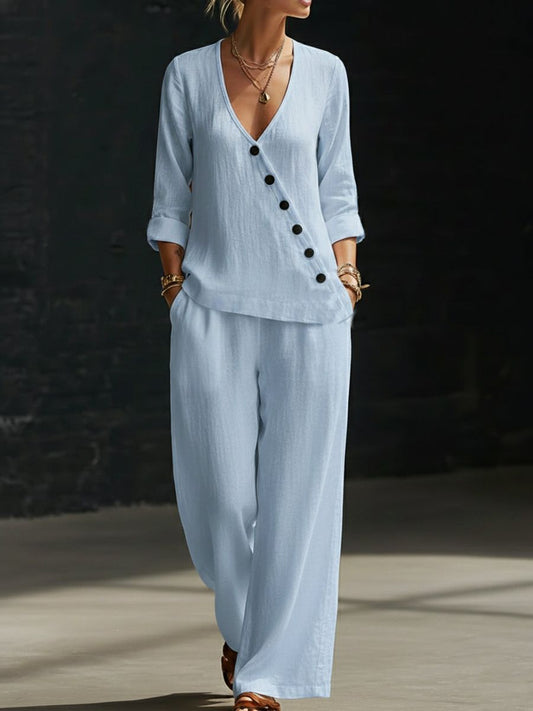 Loose - fitting V - neck Cross - over Shirt And Wide - leg Pants - Glownique Beauty
