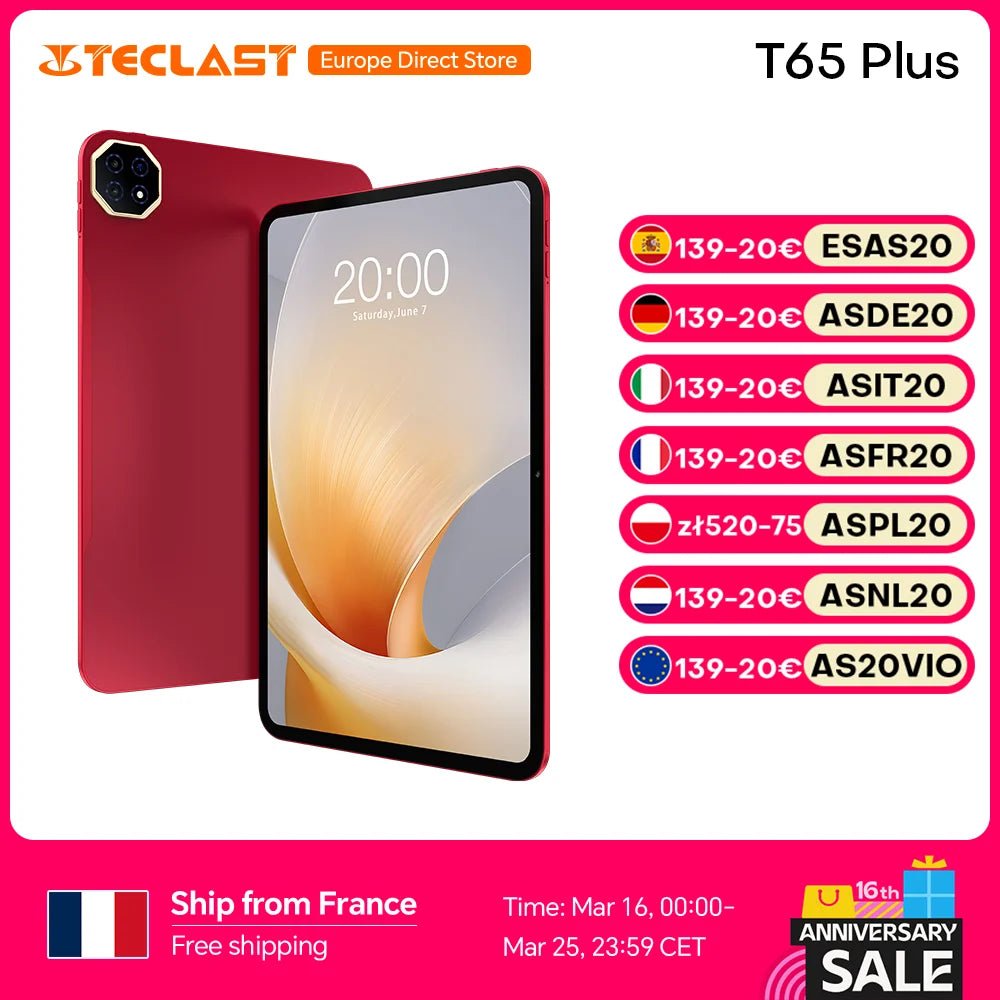 Teclast T65 Plus Android 15 Tablet 13.4" 120Hz IPS 20GB RAM(8GB+12GB) 256GB ROM 10000mAh Dual 4G TLE GPS 13MP AI Camera T65Plus - Glownique Beauty