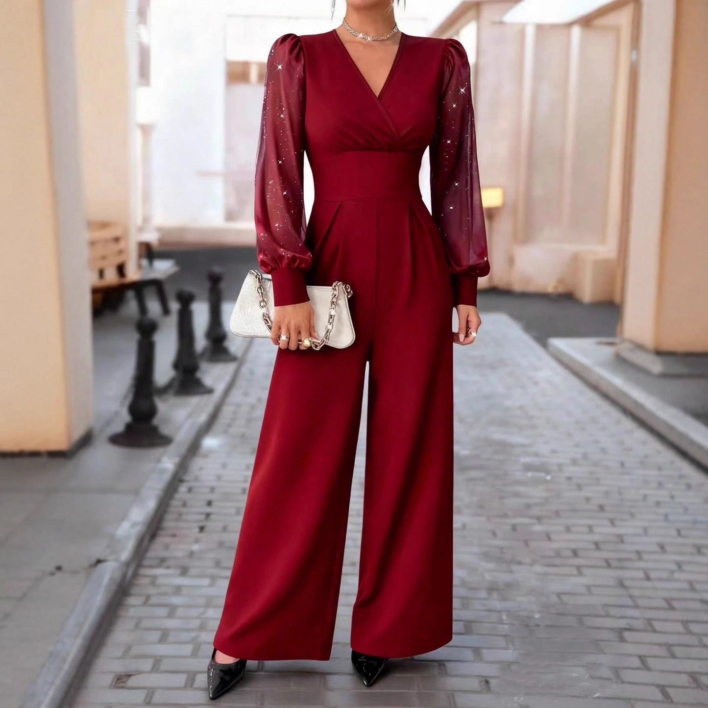 V Neck Defined Waist Sexy Mesh Patchwork Straight Suit For Women - Glownique Beauty