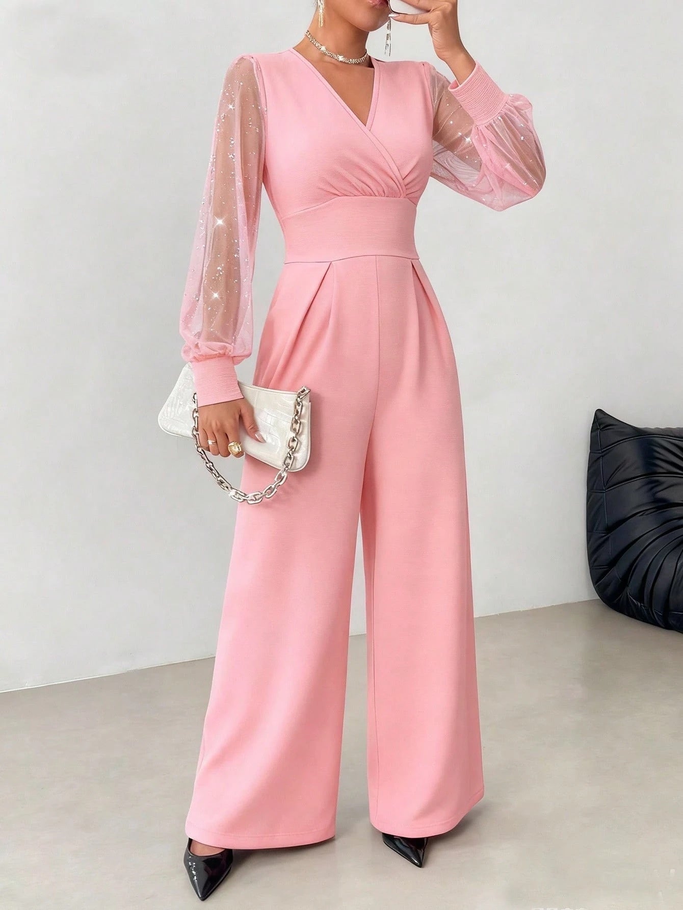 V Neck Defined Waist Sexy Mesh Patchwork Straight Suit For Women - Glownique Beauty