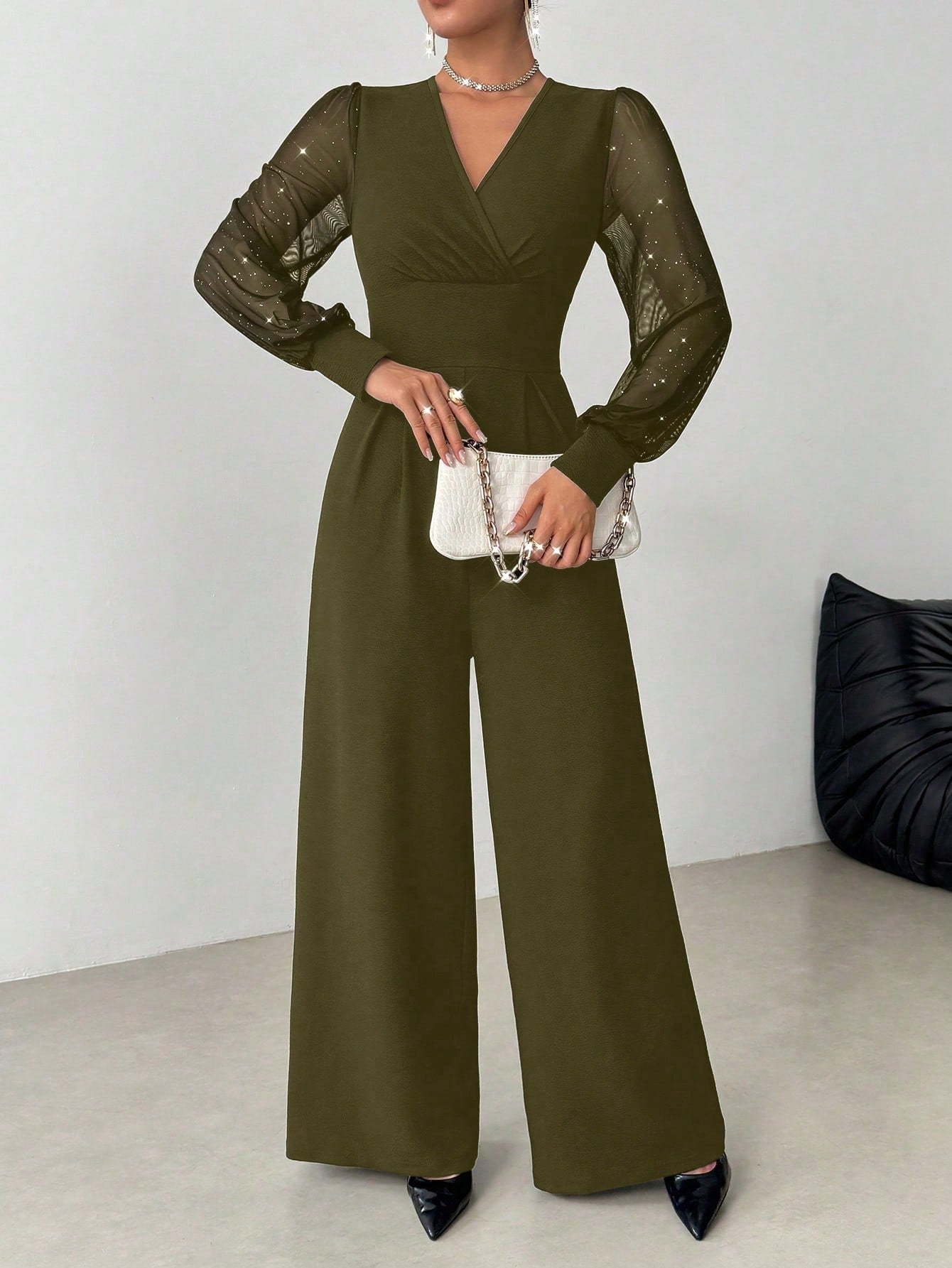 V Neck Defined Waist Sexy Mesh Patchwork Straight Suit For Women - Glownique Beauty