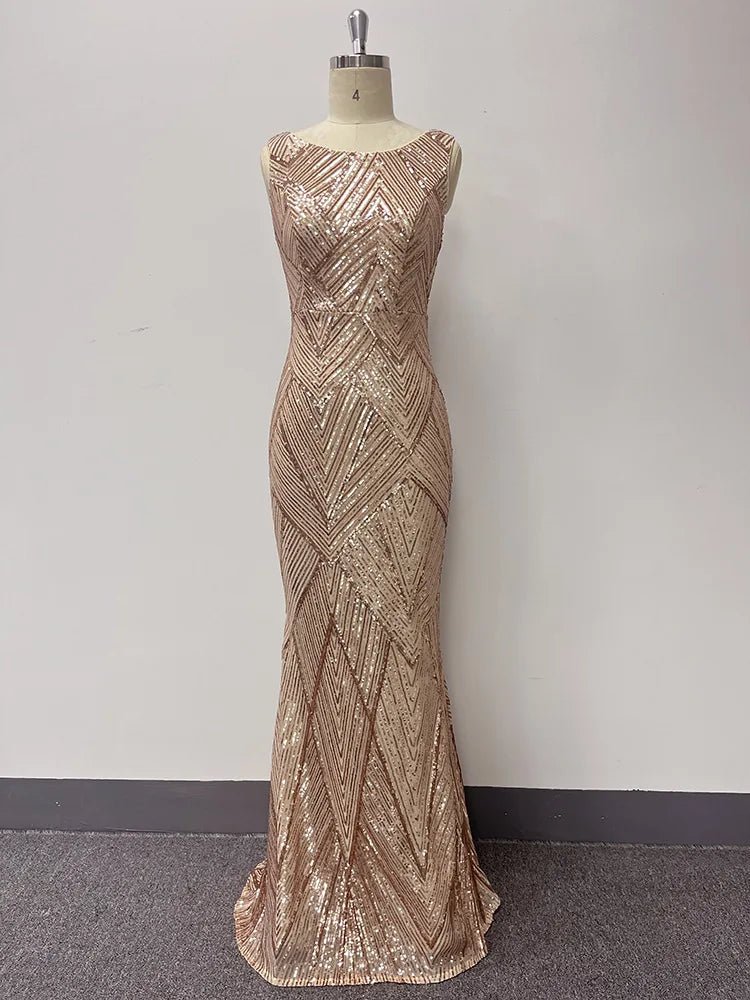 Women's Evening Dress Gold Prom Dress Bling Mermaid Sequined Sleeveless Back V - neck Ladies Formal Wear Gowns Evening Party Dress - Glownique Beauty