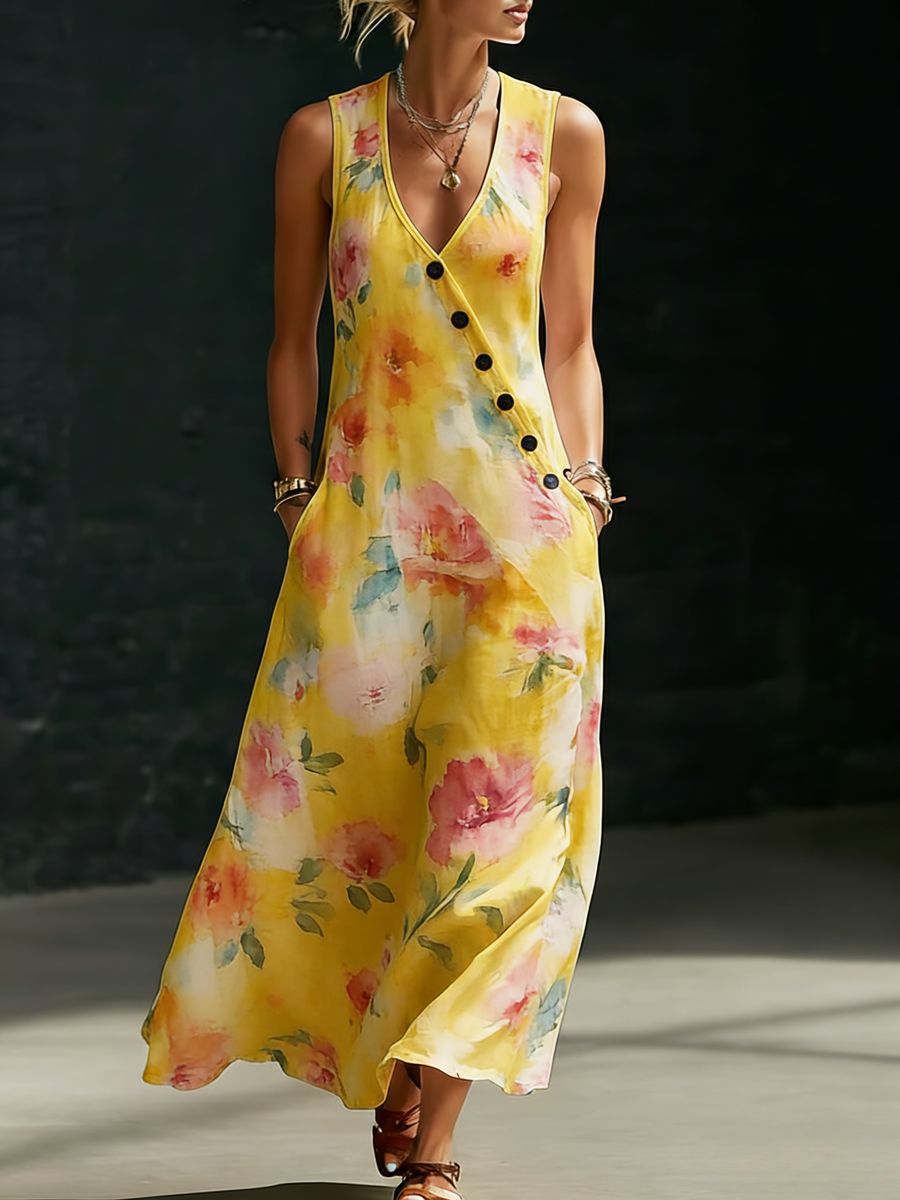 Womens Loose V - Neck Slant - Button Dress - Glownique Beauty
