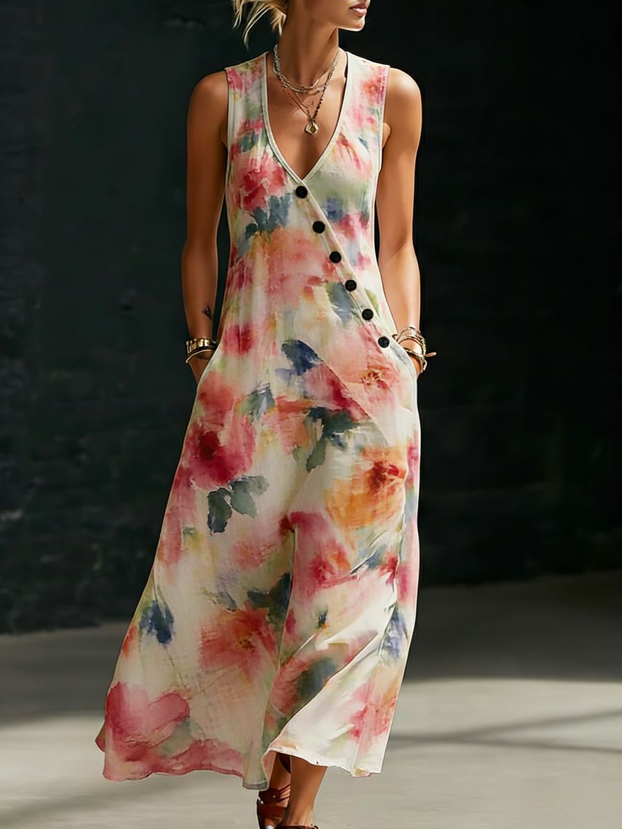 Womens Loose V - Neck Slant - Button Dress - Glownique Beauty