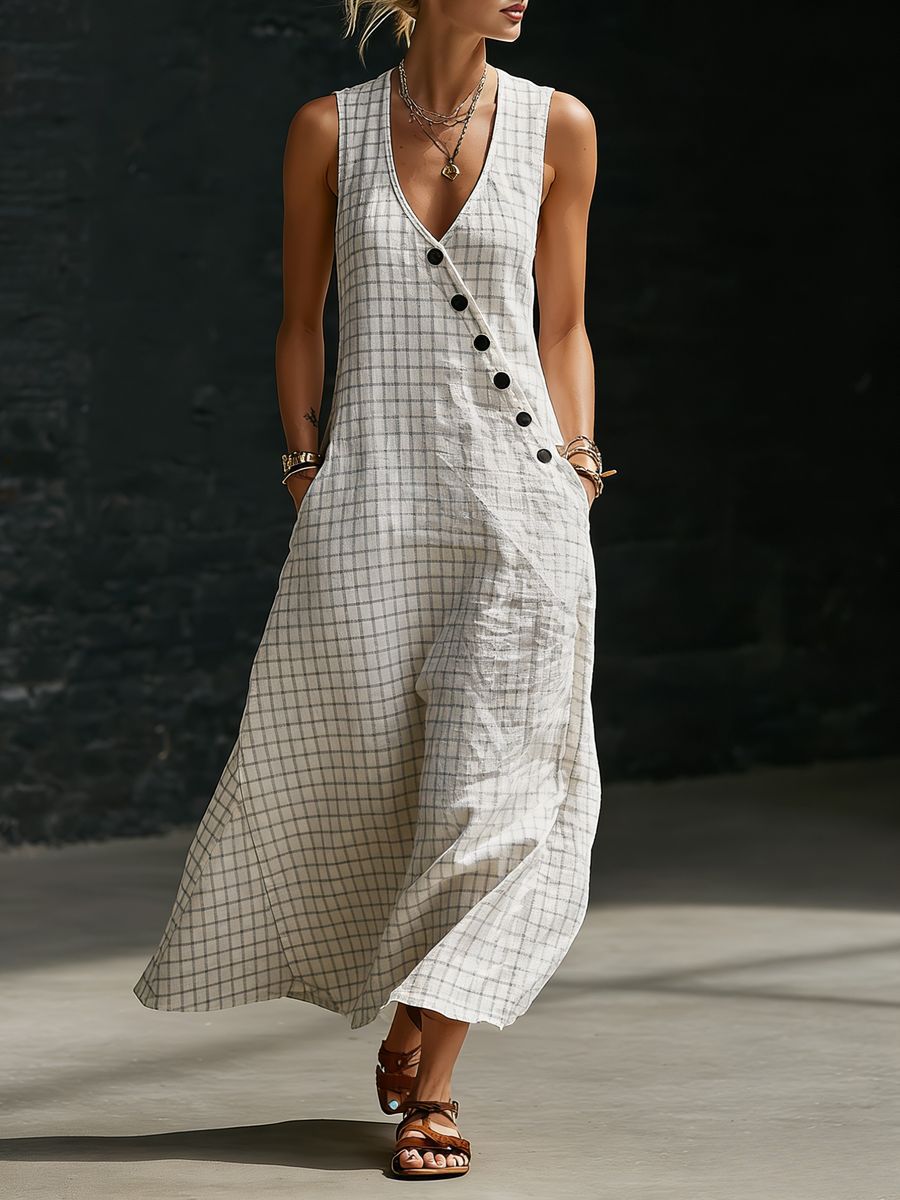 Womens Loose V - Neck Slant - Button Dress - Glownique Beauty