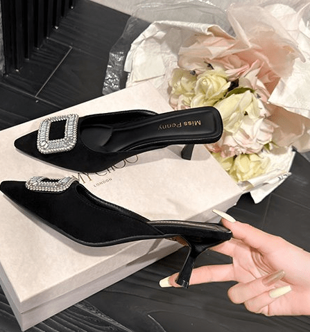 Women's Velvet Pointed Toe Mules With Rhinestone Buckle, Slip - on Stiletto Heels For Party & Daily Wear - Glownique Beauty