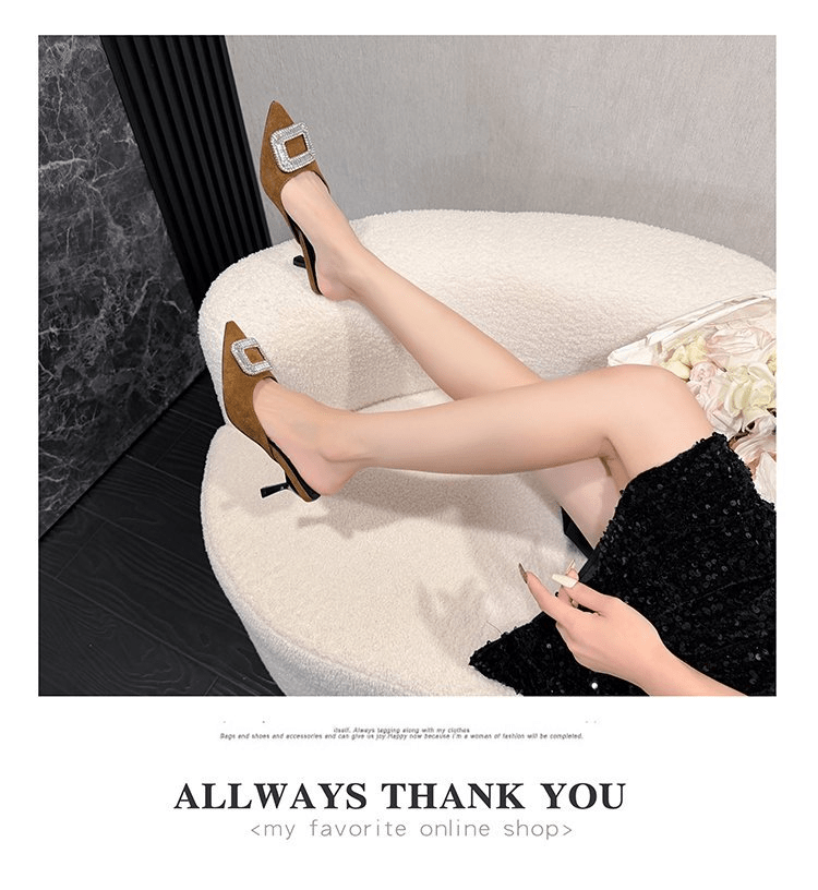 Women's Velvet Pointed Toe Mules With Rhinestone Buckle, Slip - on Stiletto Heels For Party & Daily Wear - Glownique Beauty